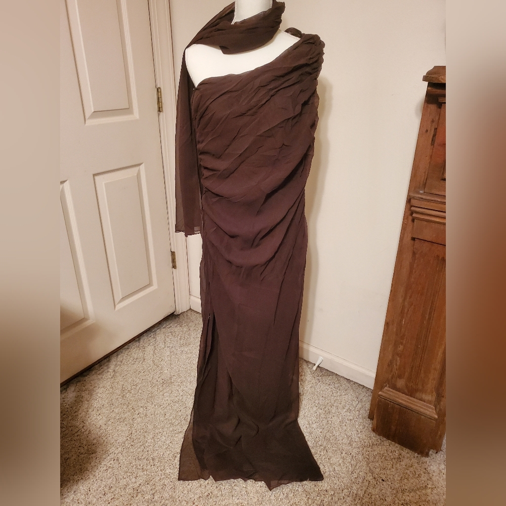 Halston Chocolate elegant gown Sz 10 off one shoulder with built in neck scarf
